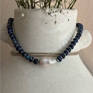 Lapis lazuli stabilized pearl necklace summer jewelry beaded gemstone